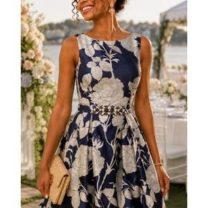 Eliza J Navy Silver Floral Jacquard Fit Flare Cocktail Dress Embellished Belt 4